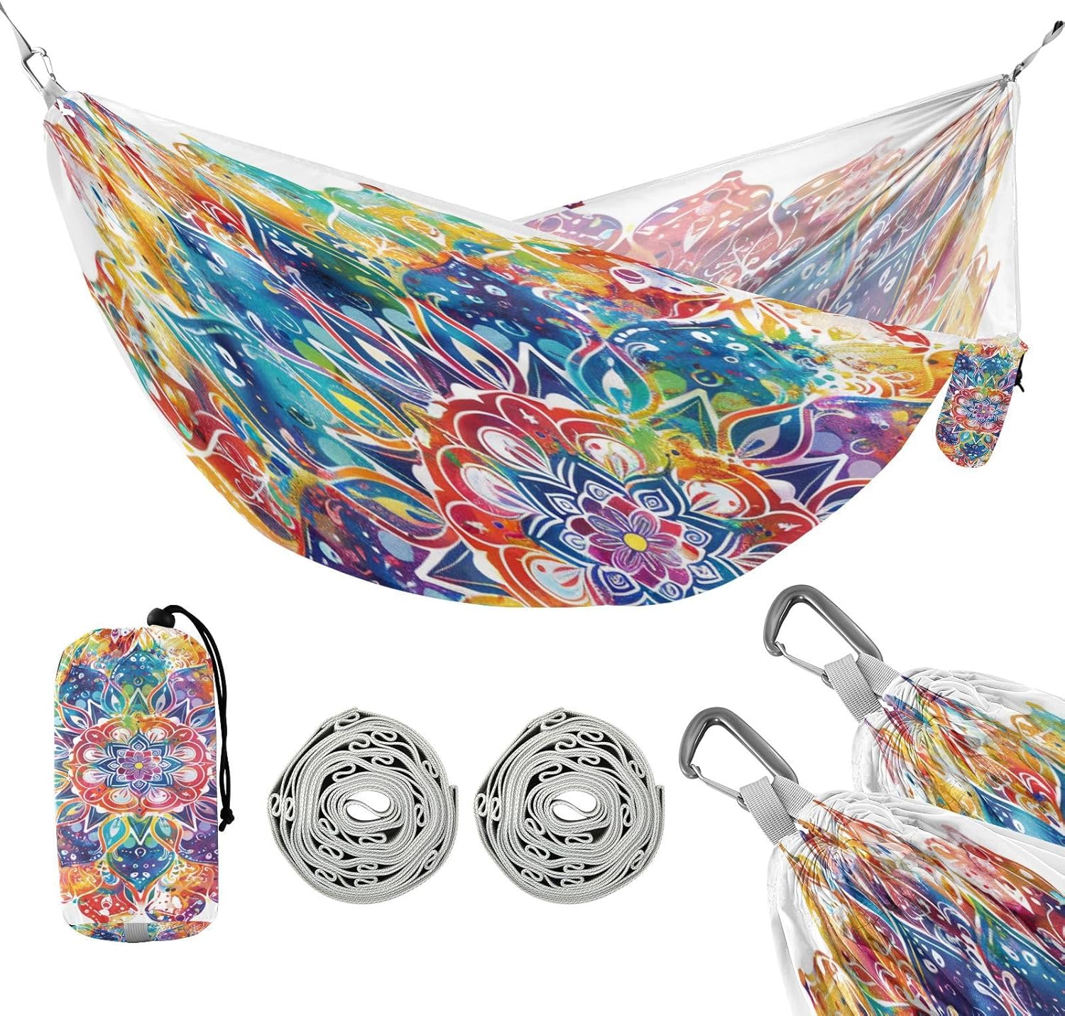 ALAZA Mandala Tie Dye Camping Hammocks Single or 2 Person 500 lbs Portable Parachute Travel Hammock w/Tree Straps for Hiking Backpacking Indoor Outdoor