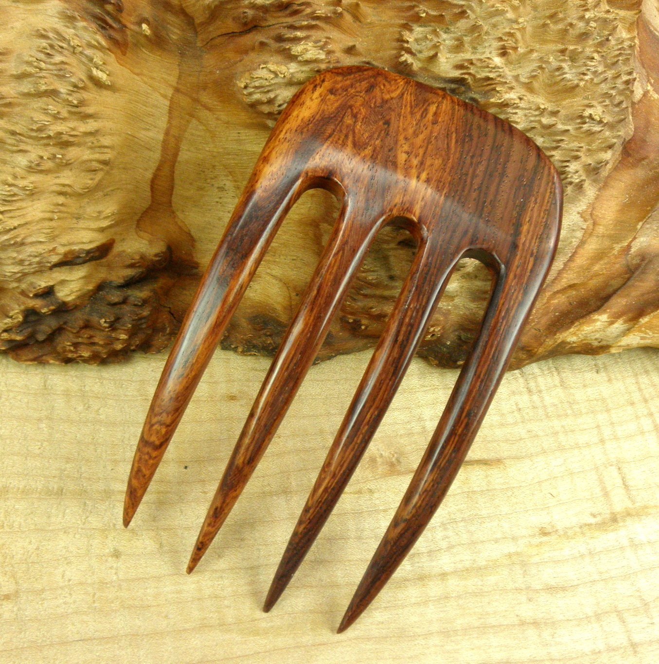 JWL (1) Laos Rosewood Four Prong Curved 5 Inch Hair Stick Pick Pic Pin Fork - Hawaiian Style