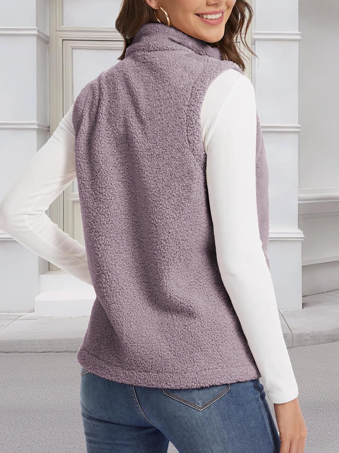 SMENG Women's Fleece Vest Sherpa Zip Up Sleeveless Outerwear Warm Fuzzy Jacket with Pockets Winter