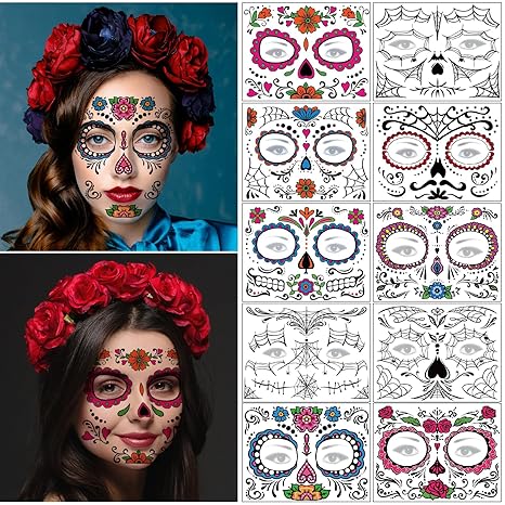 Day of the Dead Face Tattoos - 10 Sheets Halloween Temporary Tattoos Face Stickers Kit Día de Los Muertos Glitter Red Roses Skeleton Sugar Skull Fake Tattoo for Halloween Makeup on Face Body