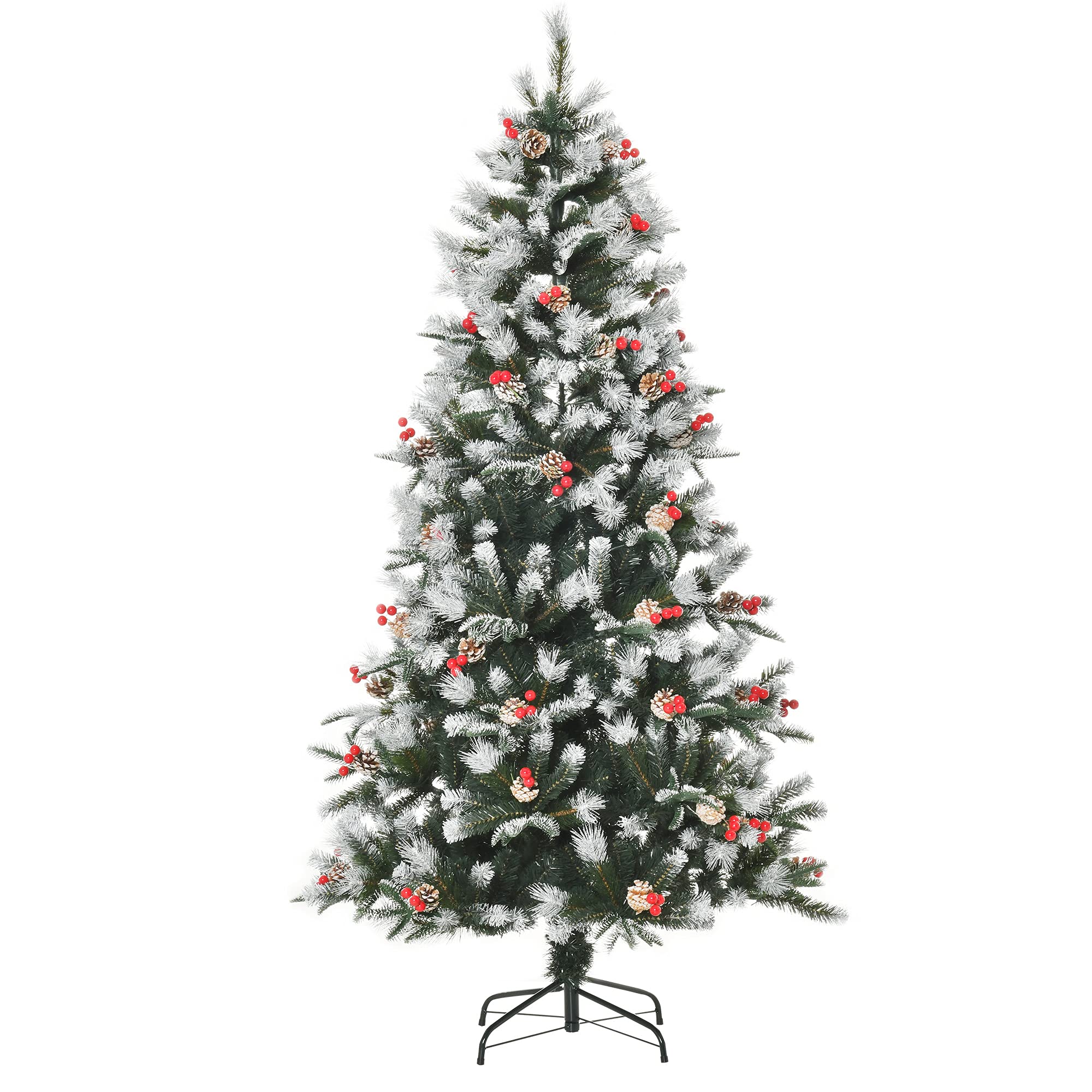 HOMCOM Árbol de Navidad Artificial 180 cm con 678 Ramas 53 Piñas Verde | 53 Bayas, Hojas de Plástico PE, Base de Soporte Plegable Metálica, Decoración Navideña para Interiores