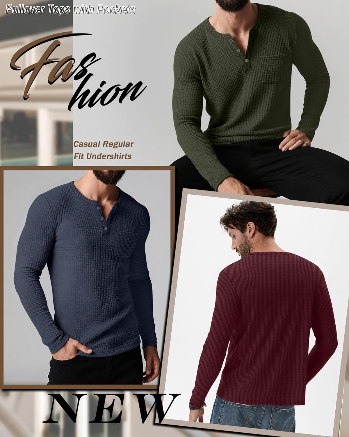 3 Pack Men's Waffle Henley Long Sleeve Thermal Shirts, Lightweight Casual Undershirts Pullover Tops with Pockets - Image 4