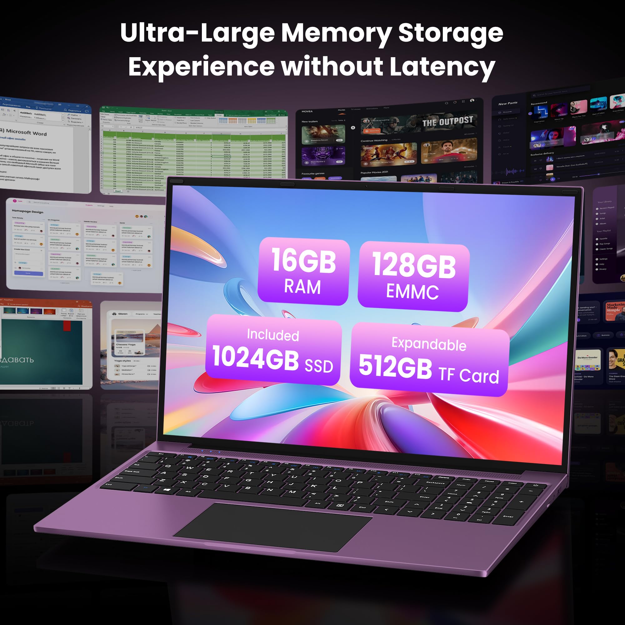 jumper 16 Zoll Laptop 16GB RAM 1152GB SSD für Unternehmen und Studenten | IPS 1920x1200 Display, TF Erweitern 512GB, N150(3,6 GHz), 2 Stereo-Lautsprecher, USB 3.0/Mini HDMI/38Wh Akku (Lila)