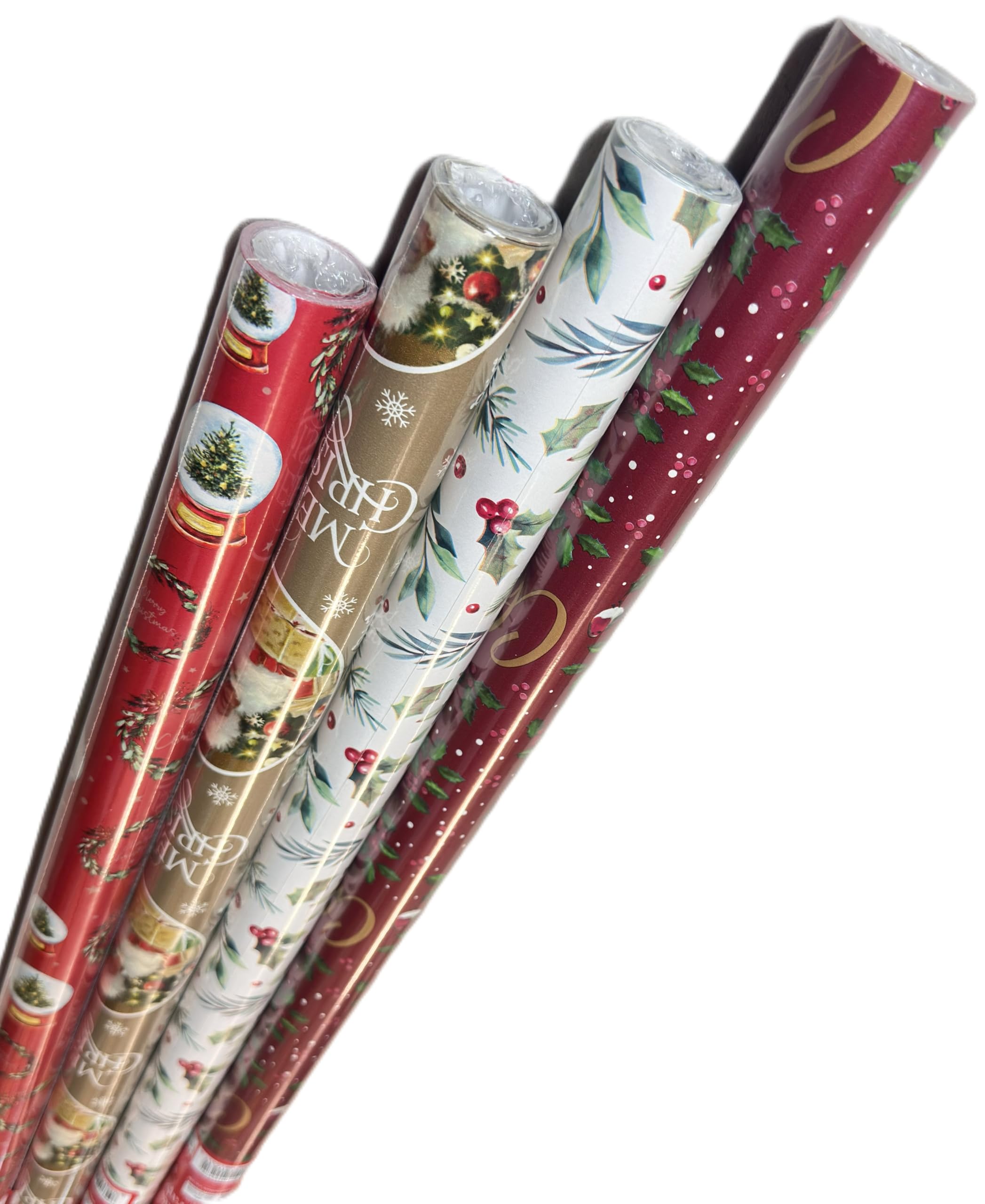 4M Christmas Wrapping Paper roll Traditional design - xmas Decoration Gift Wrapping - Pack of 4