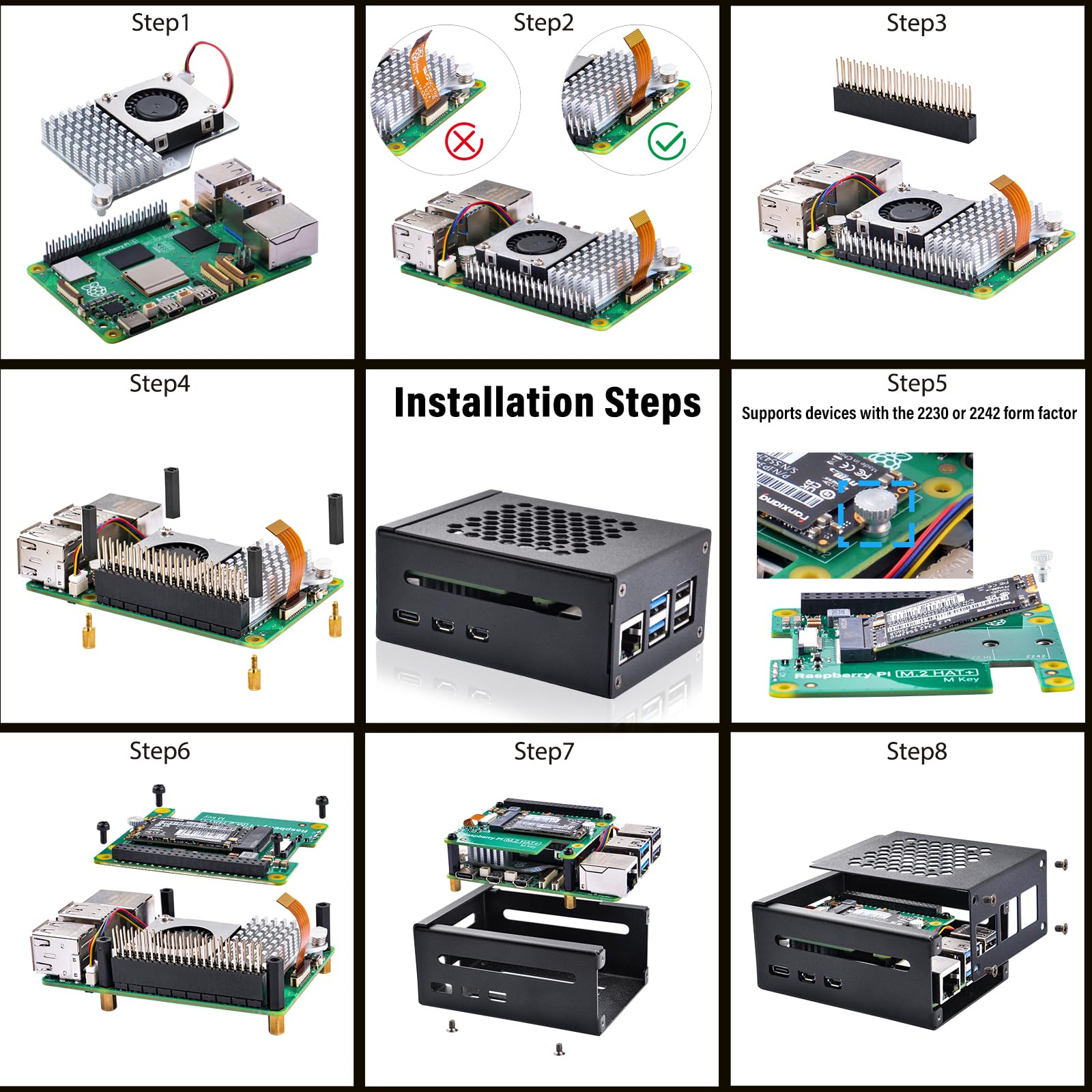 GeeekPi Metalowa obudowa do Raspberry Pi 5, z oficjalnym Raspberry Pi M.2 Hat+ i aktywną chłodnicą, obsługą M.2 SSD 2230/2242
