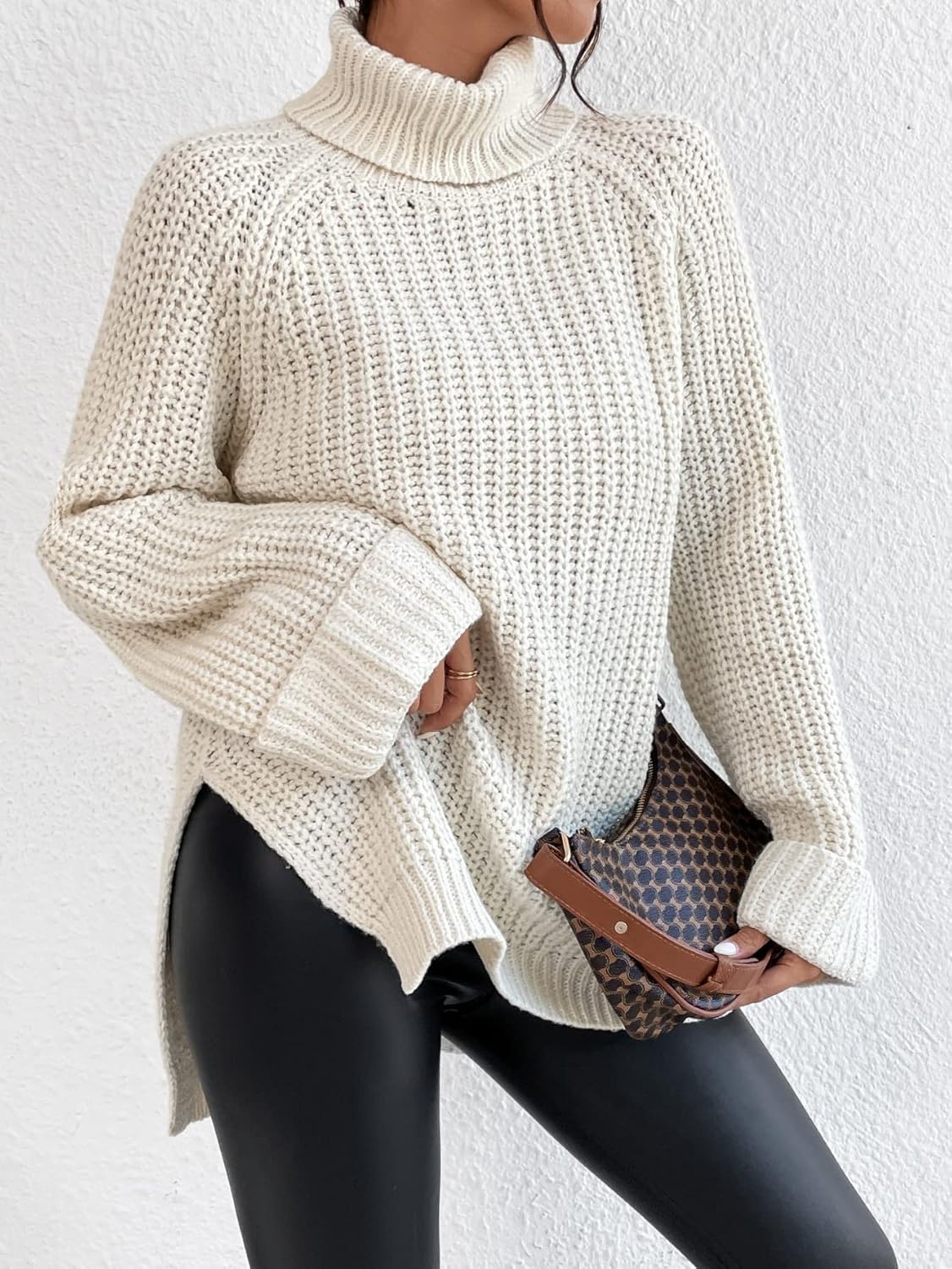 Women's Sweater Turtleneck Raglan Sleeve Split Hem Sweater Sweater for Women (Color : Beige, Size : Medium)