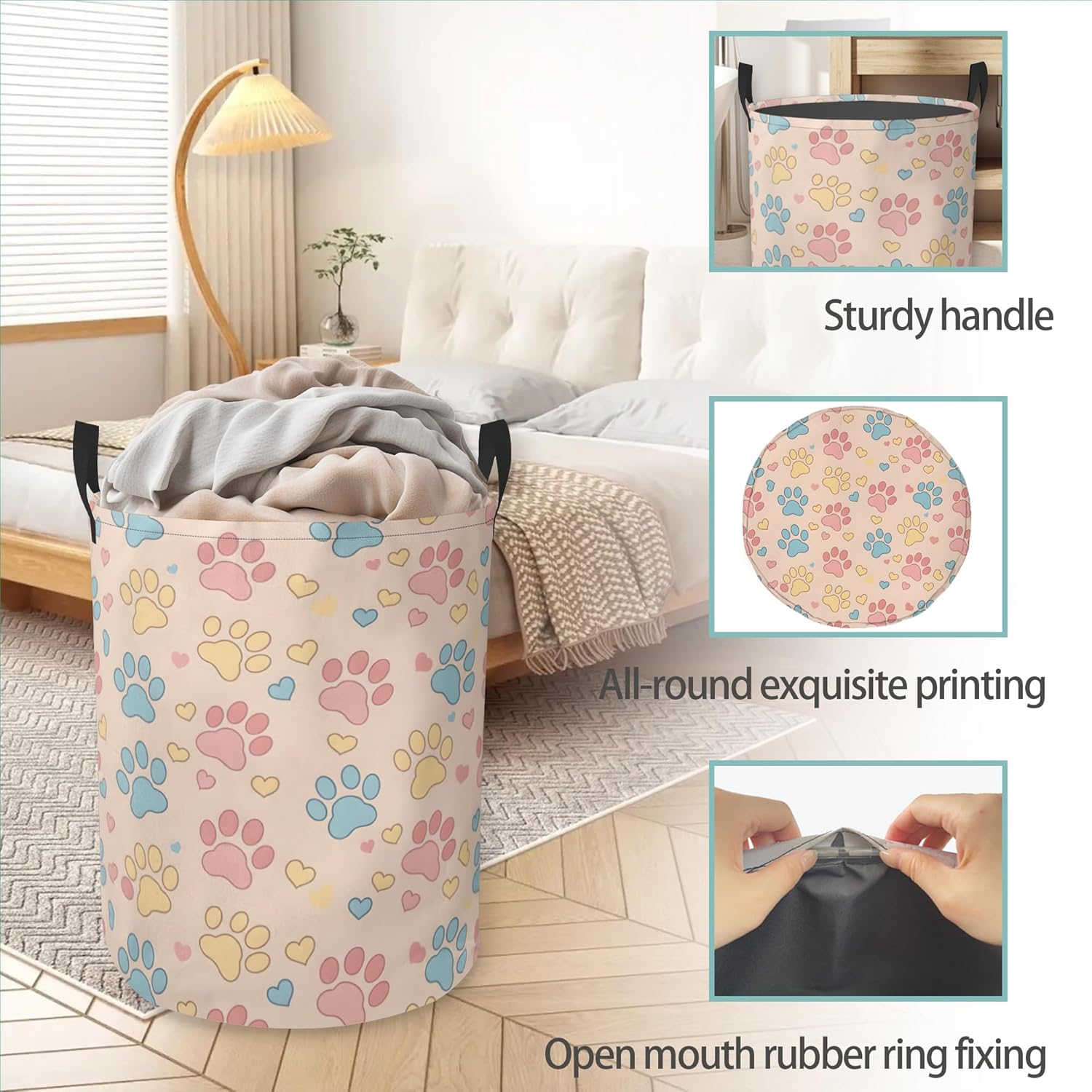 Cute Dog Paw Round Laundry Basket Collapsible Laundry Hamper with Handles Toys Clothes Organizer Bin For Home Bathroom Bedroom Dorm Nursery