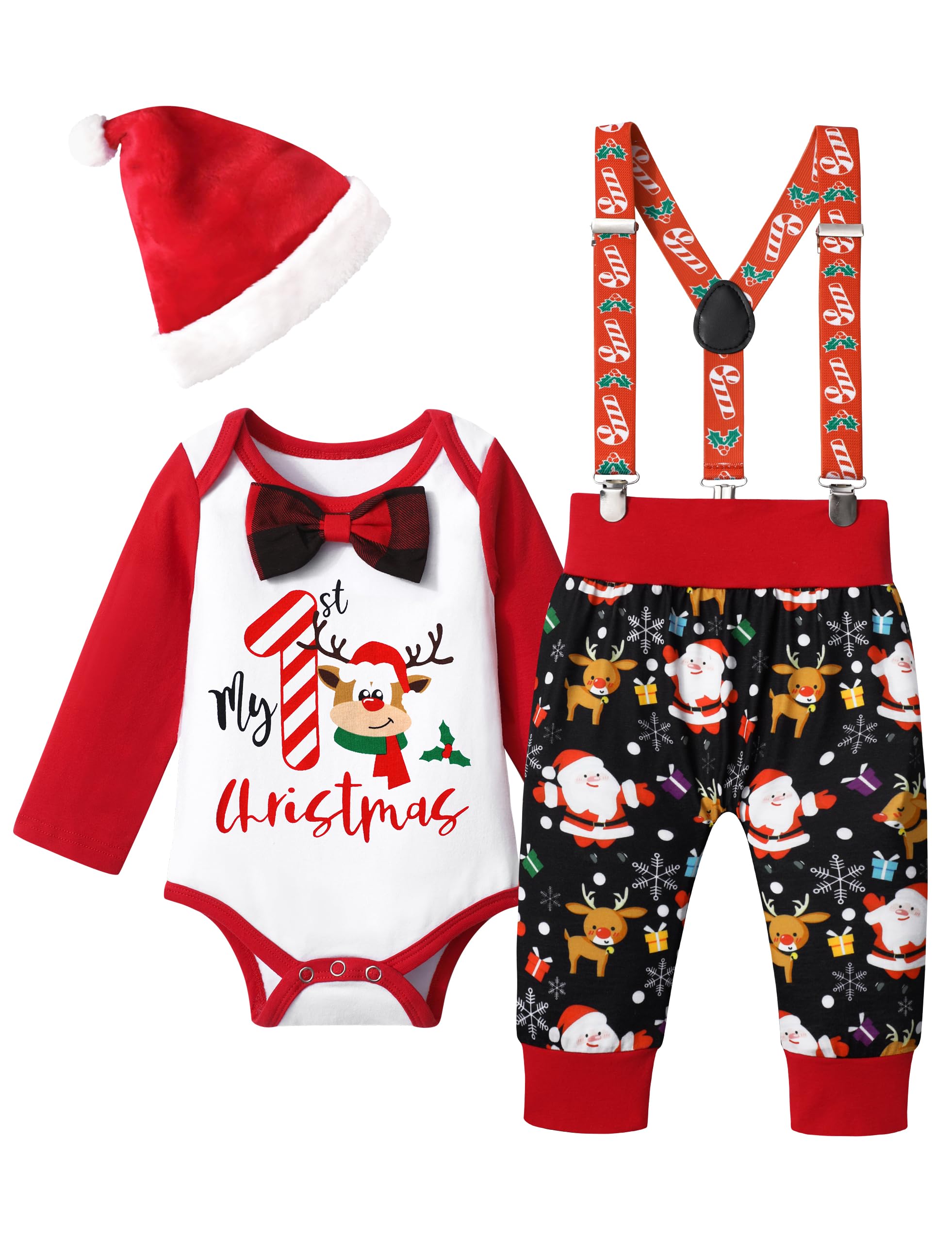 Baby Boy Christmas Outfit My First Christmas Gentleman Romper with Bow Tie  Christmas Suspender Pants Santa Hat