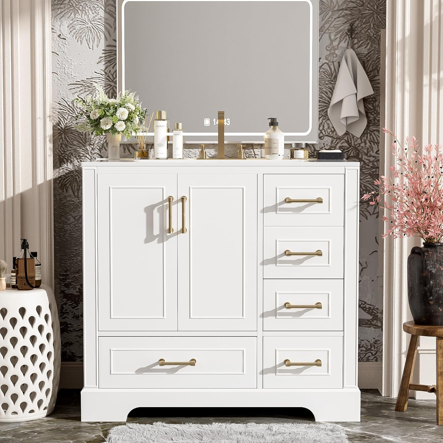 36" Bathroom Vanity with Ceramics Sink, Freestanding Bathroom Sink Cabinet with 2 Soft Close Doors and 4 Drawers, Solid Wood Frame Bathroom Storage Cabinet, Traditional Style - White