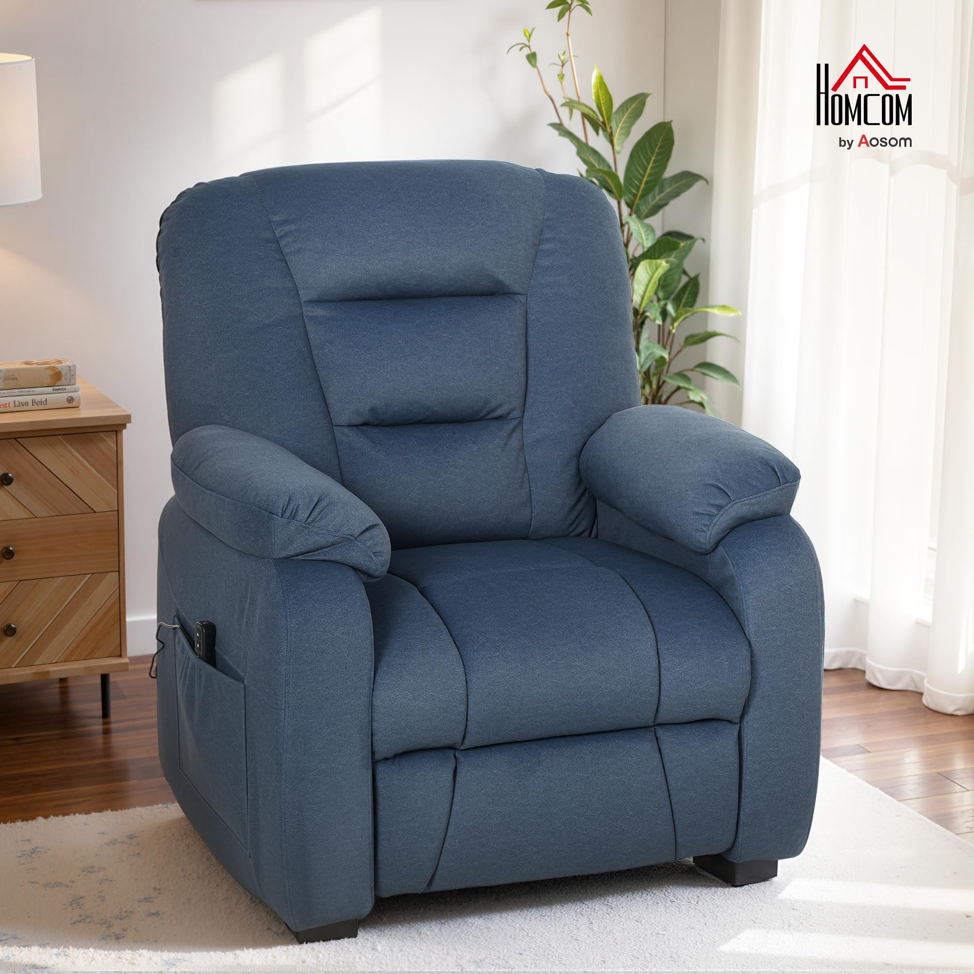 HOMCOM Sillón Relax Reclinable Eléctrico con Función Memoria Azul | Sillón Reclinable Silencioso, Reposapiés, Mando a Distancia, Puerto USB, Bolsillos Laterales, Dormitorio, Tela Terciopelo