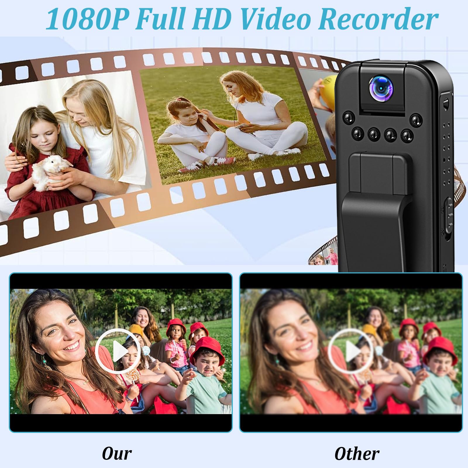Bodycam - Cámara corporal de 1080P con tarjeta TF de 32 GB y objetivo giratorio de 180°, grabación de audio y vídeo, cámara de bolsillo portátil con visión nocturna para viajes y actividades al aire