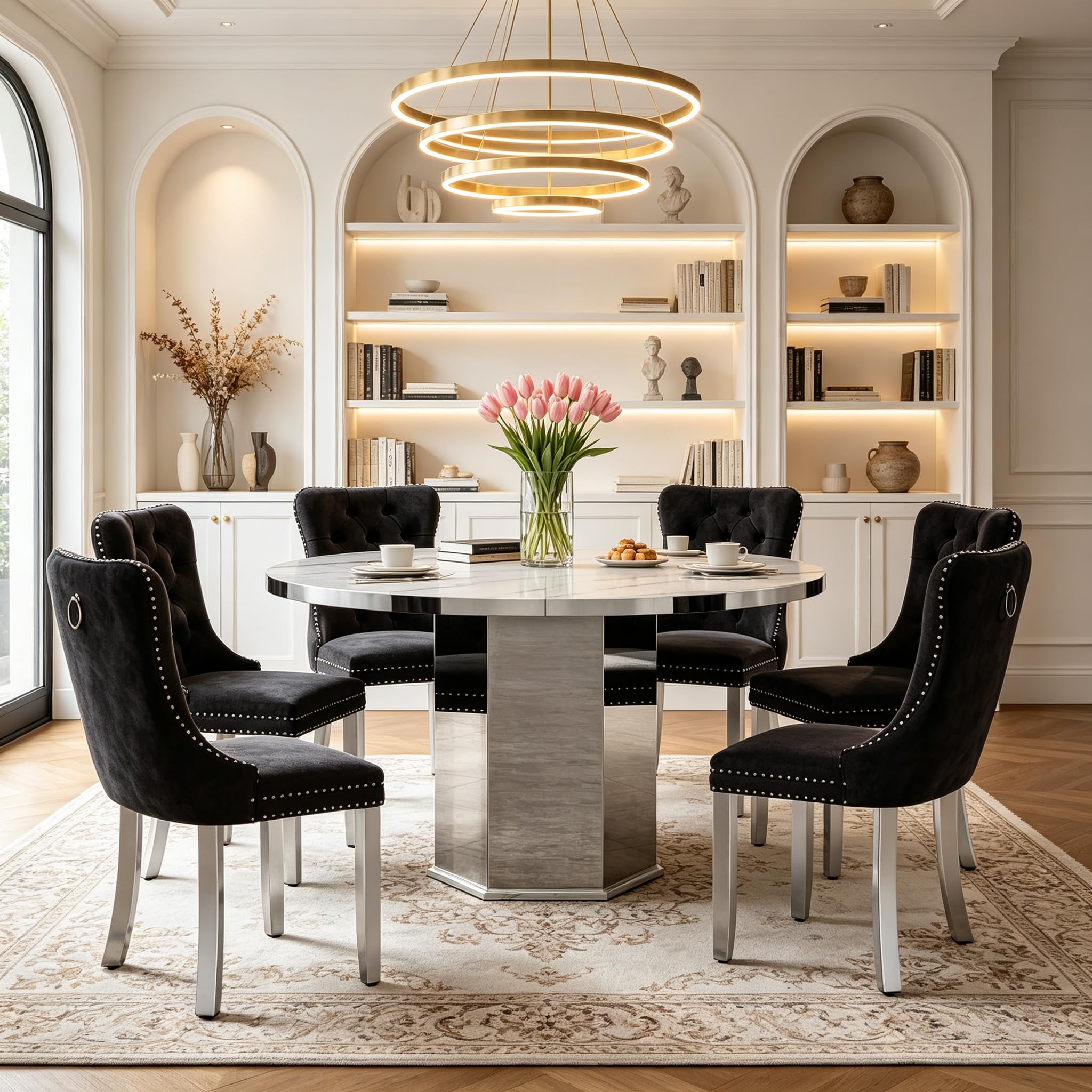 7 Pieces White Faux Marble Extendable Dining Table Set, 47"-63" Round Expanding Kitchen and Dining Room Table Set for 6 with Mirrored Acrylic Base &amp; Black Velvet Upholstered Chairs