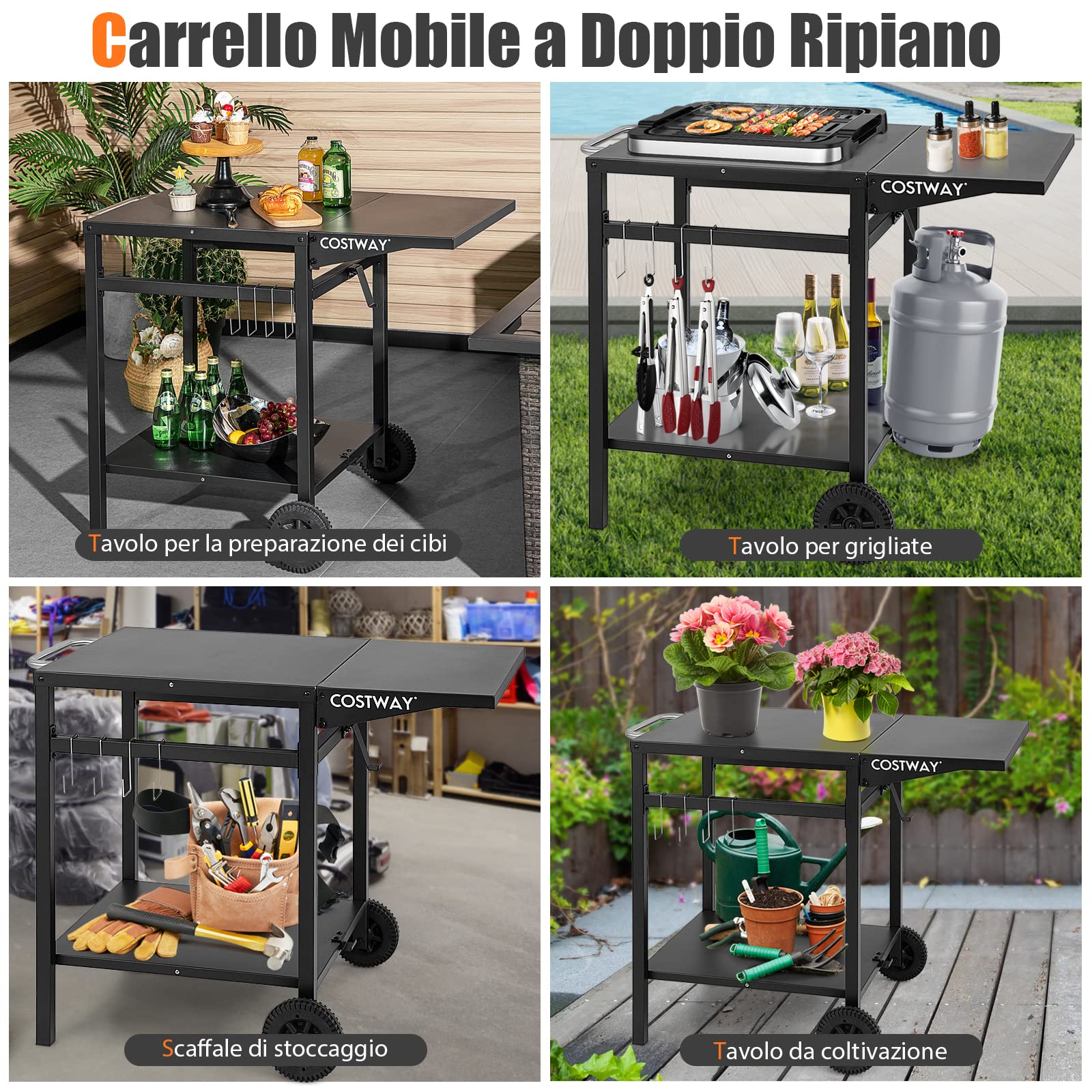COSTWAY Carrello per Barbecue, Carrello di Servizio con Ruote e 4 Ganci, Pannello Laterale Pieghevole, Carrello Cucina Multiuso per Forno da Pizza, per Casa Cortile Patio e Giardino