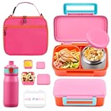 Bento Lunch Box for Kids With 8oz Thermo&comma; Leakproof Bento Box with with 2 Compartments&comma; Insulated Bottle&comma; Lunch Bag&comma; BPA Free Dishwasher Safe for School Girls Boys &lpar;Pink&rpar;