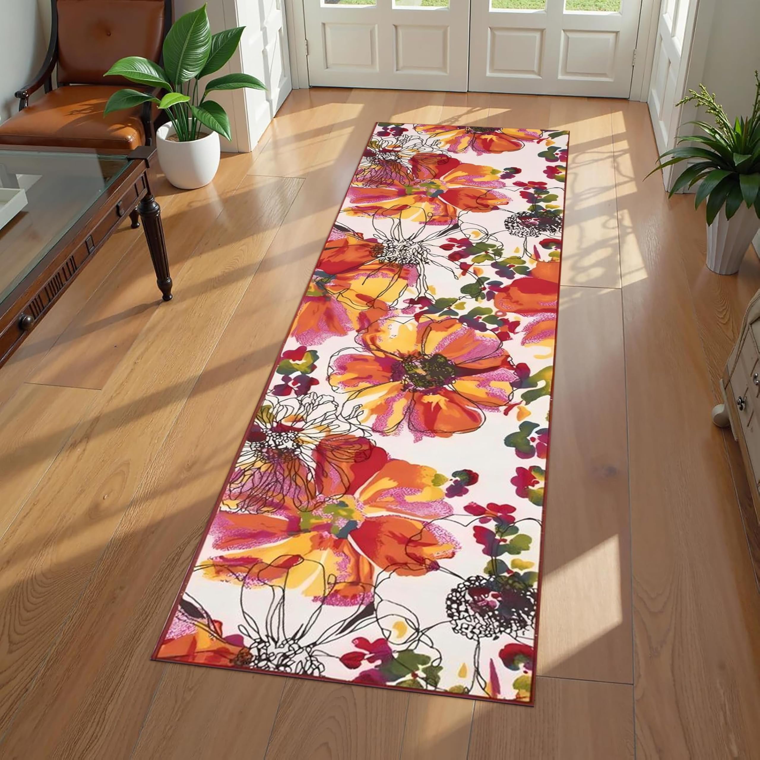 Vibrant Flowers Runner Rugs for Hallway, 120x300cm, Rose Red Yellow Hibiscus Bohemian Modern Floral Throw Rug, Lightweight Breathable Colorful Indoor Carpet for Kitchen Entryway