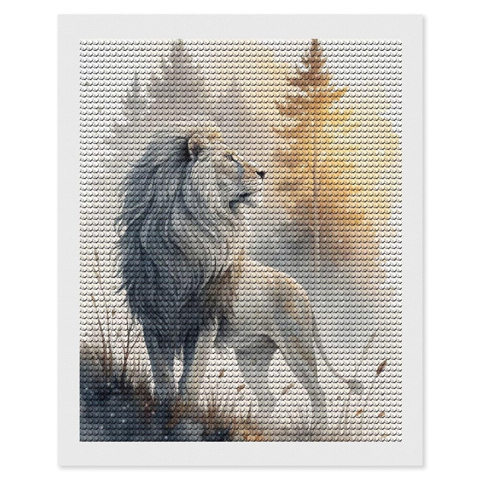 Junmoney Majestic White Lion in Misty Forest Diamond Painting Set 16"x20", Sparkling Round Gems, Decorate Your Room, Fun Craft Experience, Modern Decor