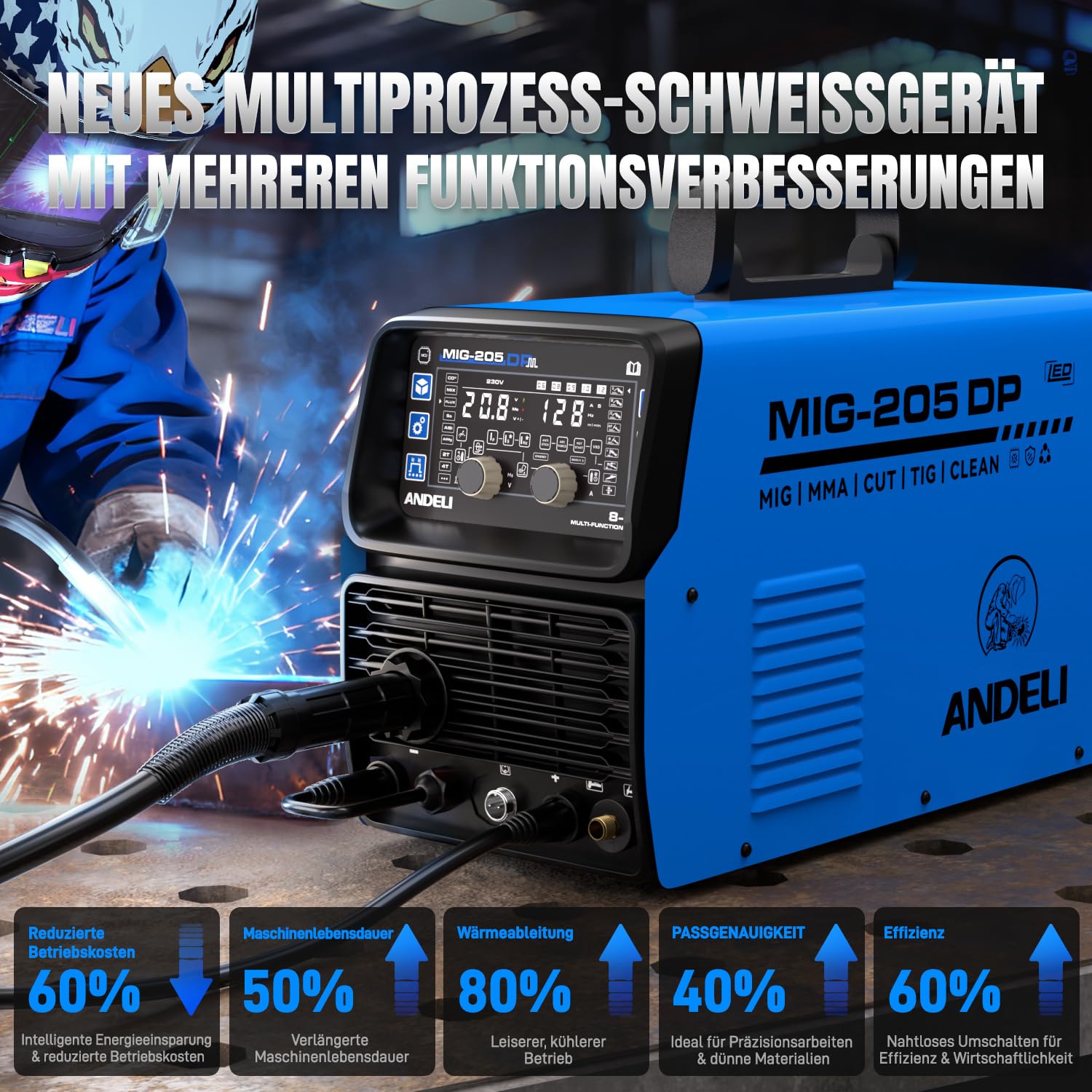 ANDELI MIG-205DP 8-in-1 Multiprozess-Schweißgerät 230V – 205A Puls-MIG/Gas-MIG/WIG HF/Plasmaschneider/Fülldraht/Cold/Clean/E-Hand, IGBT, für Alu/Stahl/Edelstahl, Neuestes Modell 2026