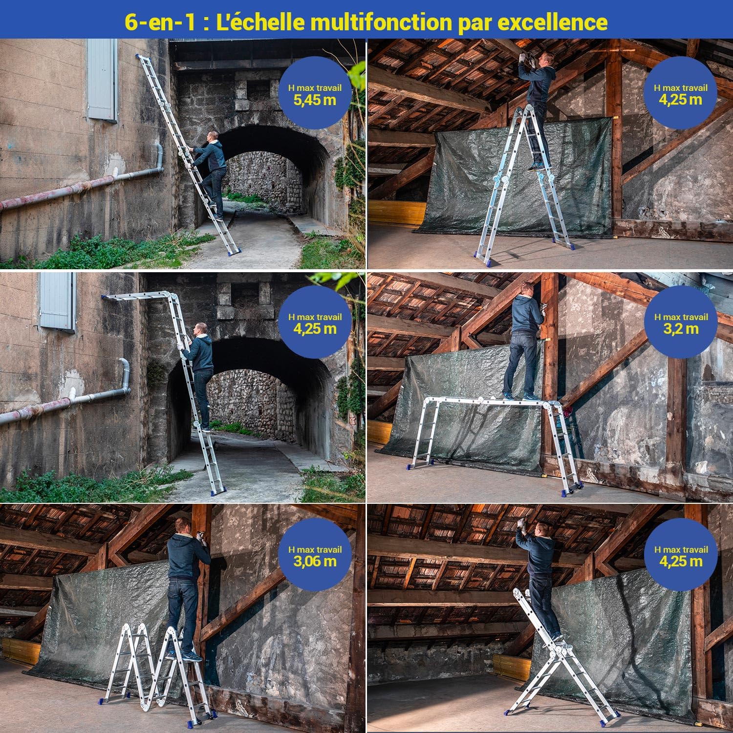 HOSTRÖM Echelle pliante articulée STAVALANCE 4x4 marches, echafaudage multifonction, escabeau, 2 plaques plateforme de travail, Garantie 5 ans