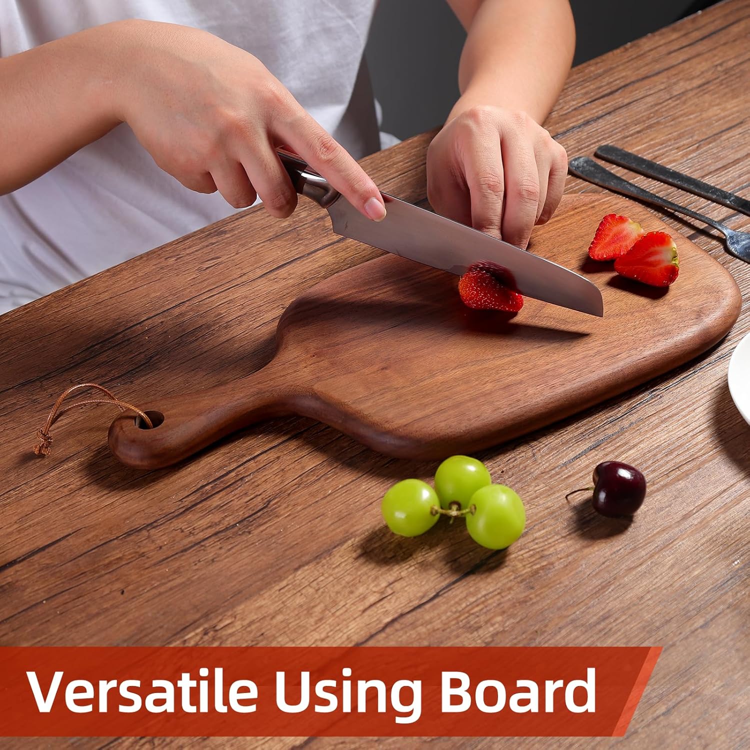 Walnut Wood Cutting Board, Small Wooden Chopping Board with Handle Hang Hole, Cheese Boards for kitchen Bread Vegetables Fruits, No Glue Solid Boards for Wood Engraved, 15.2x7.3 Inch - Image 6