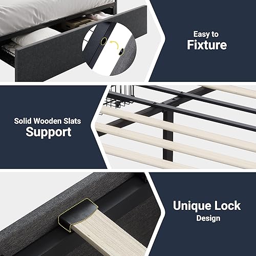 Miniatura 5 de Allewie Base de cama de plataforma de tamaño matrimonial con 3 cajones de almacenamiento, tapizada de tela, soporte de listones de madera, no Cuero