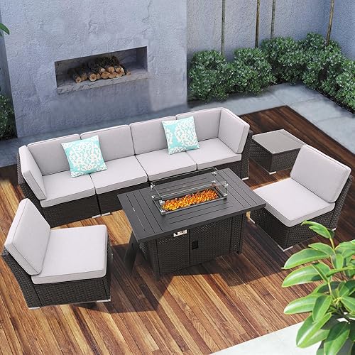 iArtHand Juego de sofá de patio con mesa de fuego de propano de 46 pulgadas, mesa de centro, juego seccional para exteriores, juego de muebles de