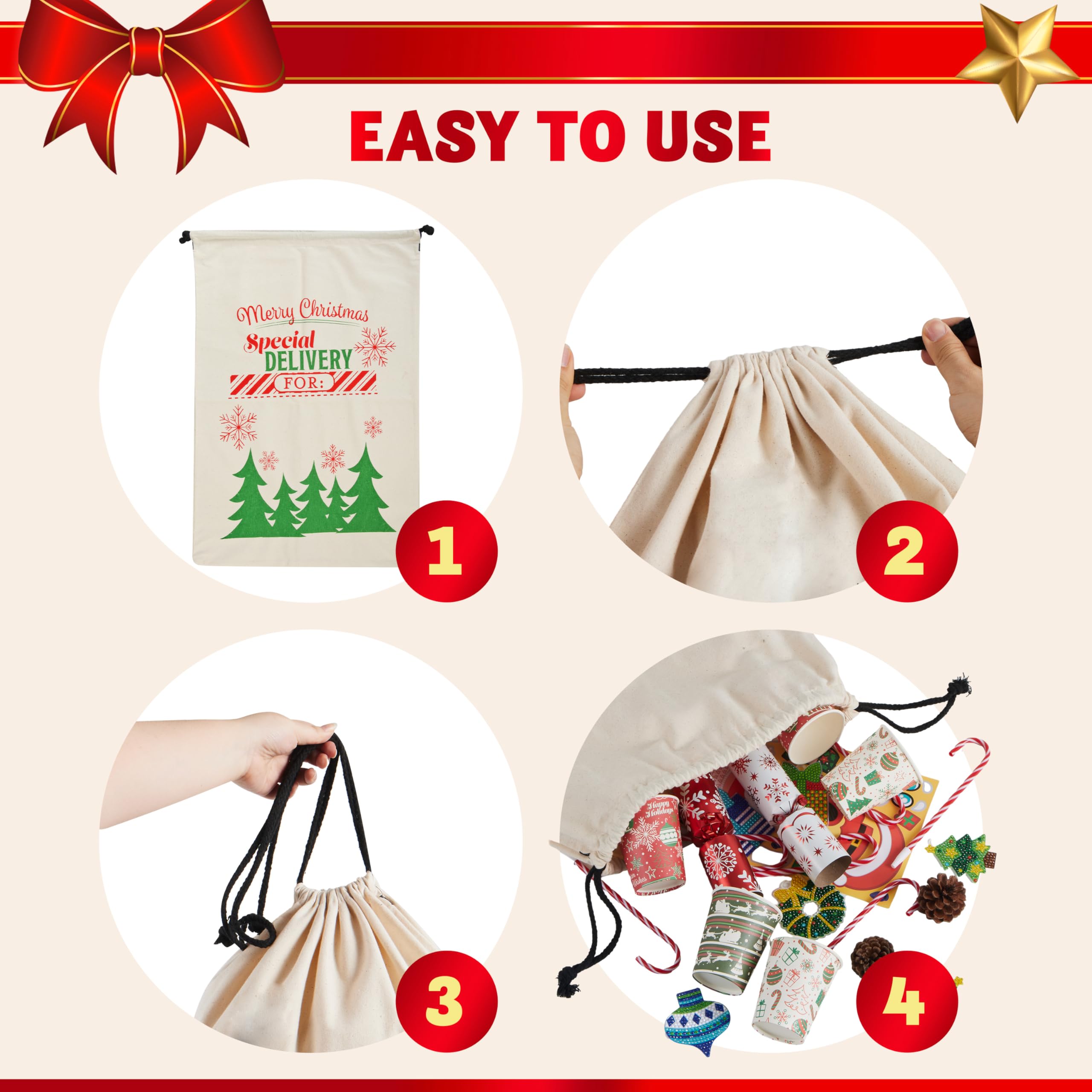 JOYIN 3 Paquetes de Bolsas de Regalo para Navidad, Saco de Arpillera de Papá Noel con Cordón de 66 x 48 cm para Almacenamiento de Paquetes Grandes de Navidad