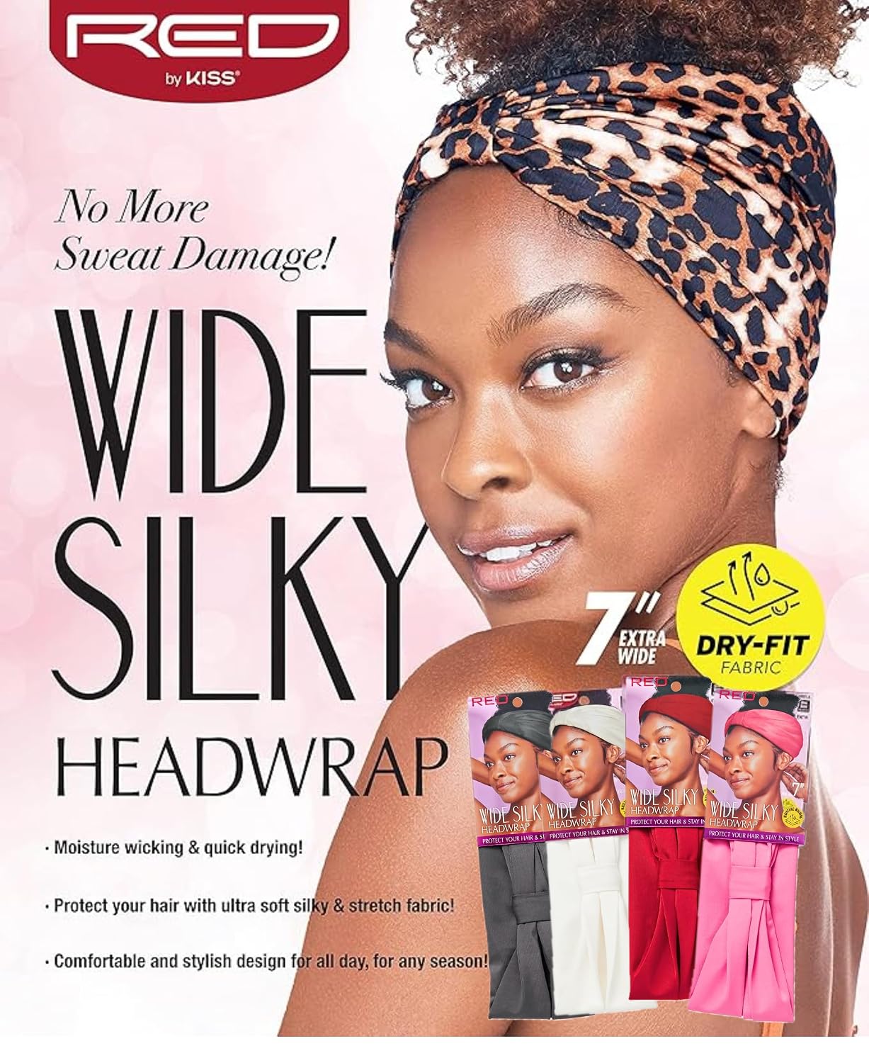 Red by Kiss 7” Wide Silky Headwrap Multipack, Unisex Dry-Fit Turban Headbands, Cooling, Trendy Moisture Wicking Hair Wraps (Black, White, Red, Pink)