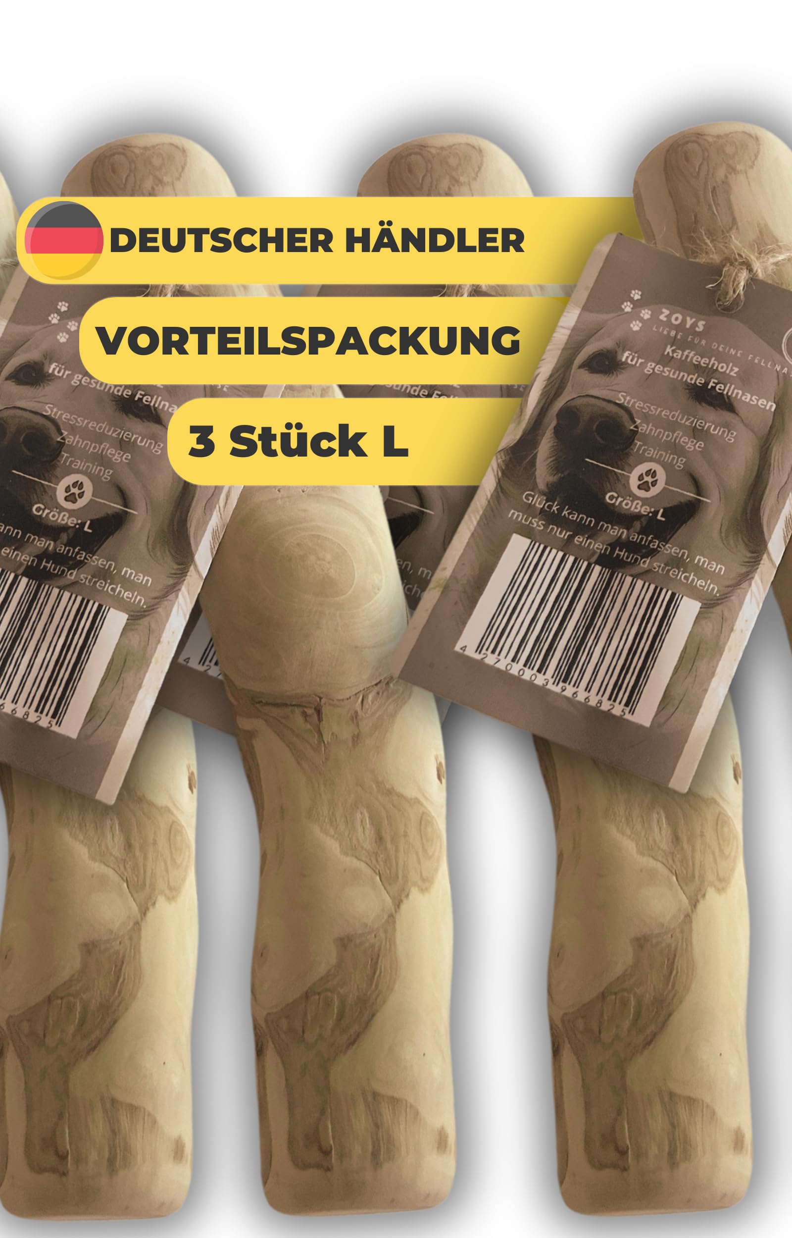Zoys® Kaffeeholz für Hunde - Natürlicher Kauknochen für Hunde in 5 Größen - Kaustab für Zahnreinigung & Zahngesundheit & nachhaltige Beschäftigung - Hundezubehör langlebig & risikoarm (L, 3, stück)