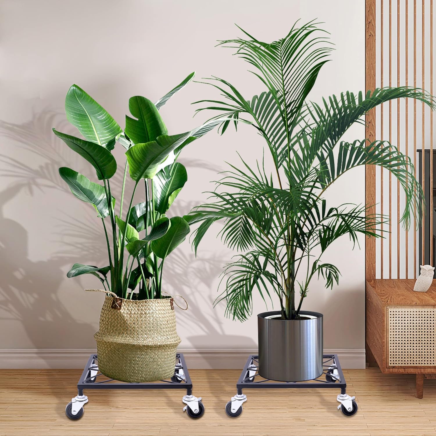 2pcs Black Metal Plant Stand with Wheels, Square Pattern Plant Caddy, Heavy Duty Plant Pot Stand for Indoor Outdoor