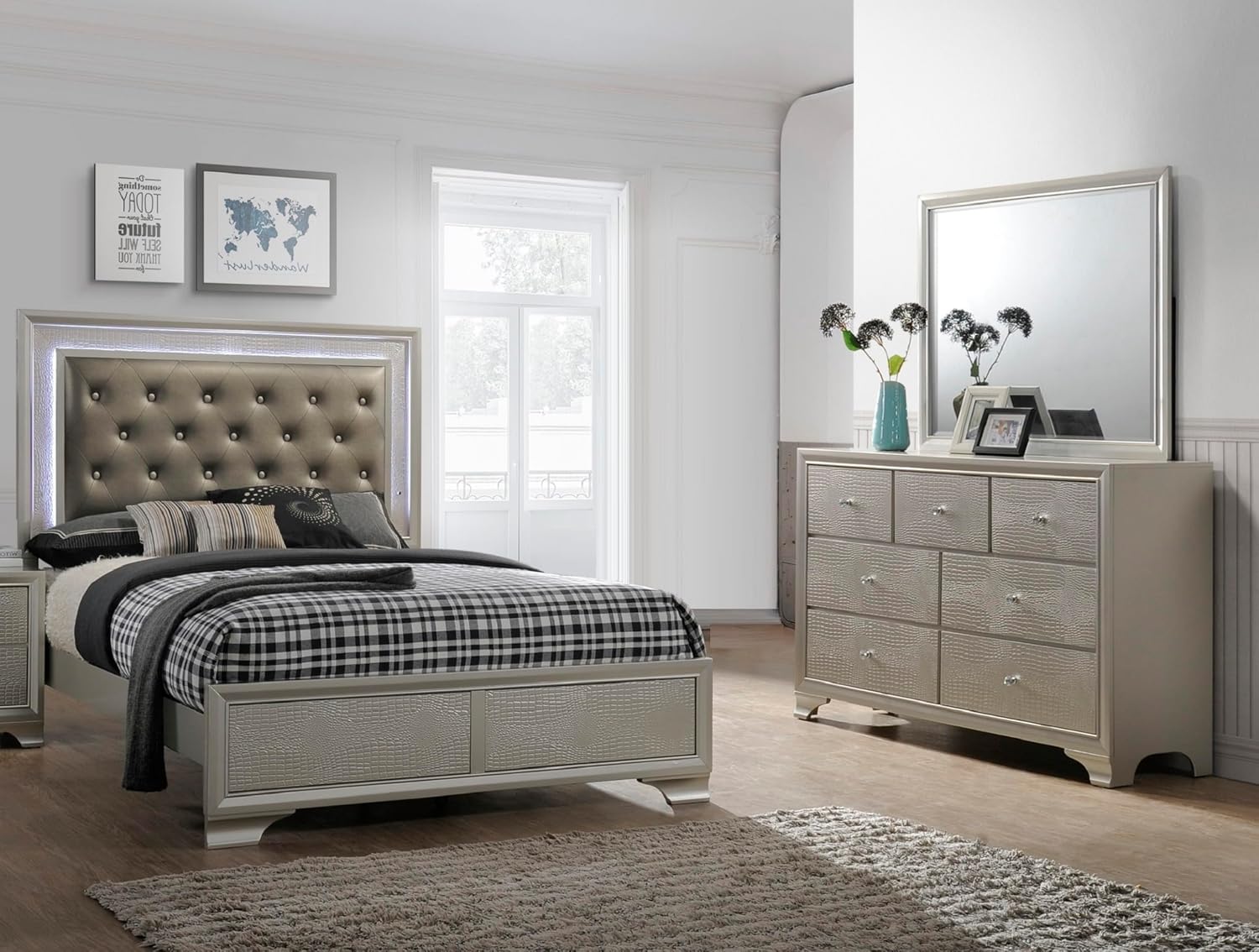 Glam 3pc King Bed Set Upholstered LED Headboard Button Tufted Champagne Finish Bedroom Furniture
