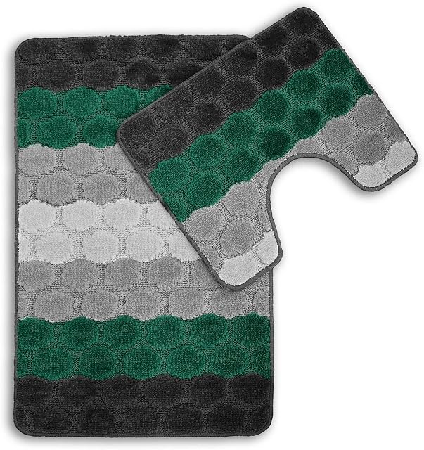 Sara Textile Non Slip 2 Piece Bath Mat Pedestal Mat HEX STRIPE Colours OCHRE (Emerald)