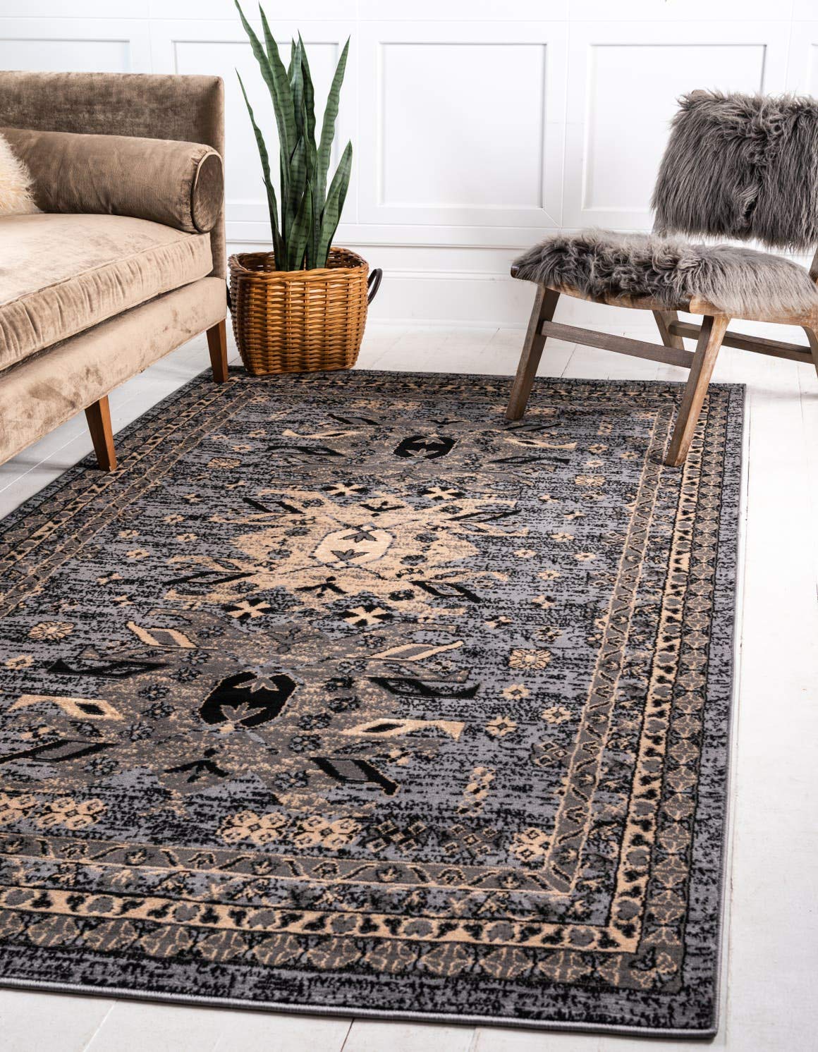 Unique Loom Taftan Collection Border Geometric Tribal Inspired Design Area Rug (9' 10 x 13' 0 Rectangular, Gray/ Black)
