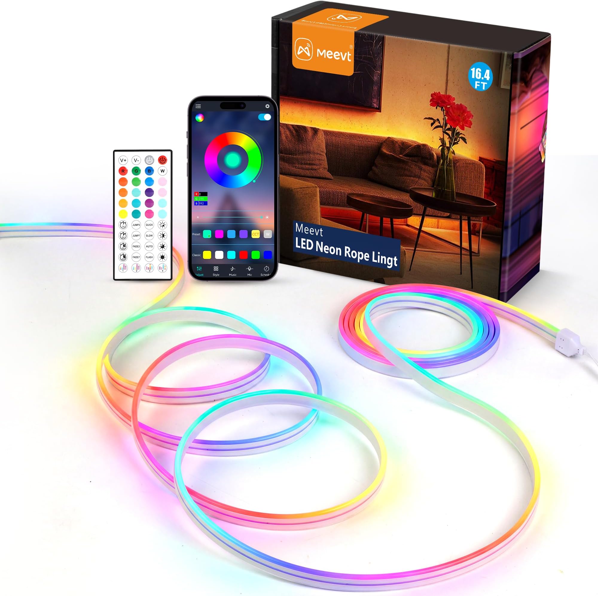 5M 12V RGB Neon Rope Light, IP67 Waterproof Flexible LED Neon Lights Strip with Remote & APP Control, Music Sync for Bedroom DIY Garden, Party Decor