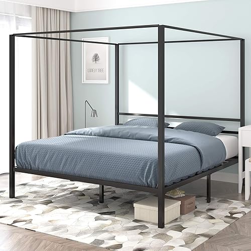Miniatura 7 de YITAHOME Marco de cama de metal con dosel de cuatro pósteres, plataforma de cama de 14 pulgadas con cabecera incorporada, soporte de colchón de
