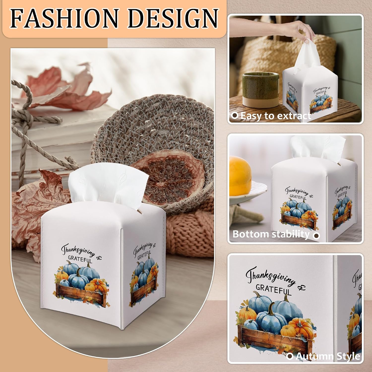 Fall Thanksgiving Tissue Box Cover, Colorful Pumpkin Truck Tissue Box Cover Square, Aesthetic Decor Tabletop Living Room Vanity Office Farmhouse, Unique Festival & Housewarming Gift for Women-B32 image 2