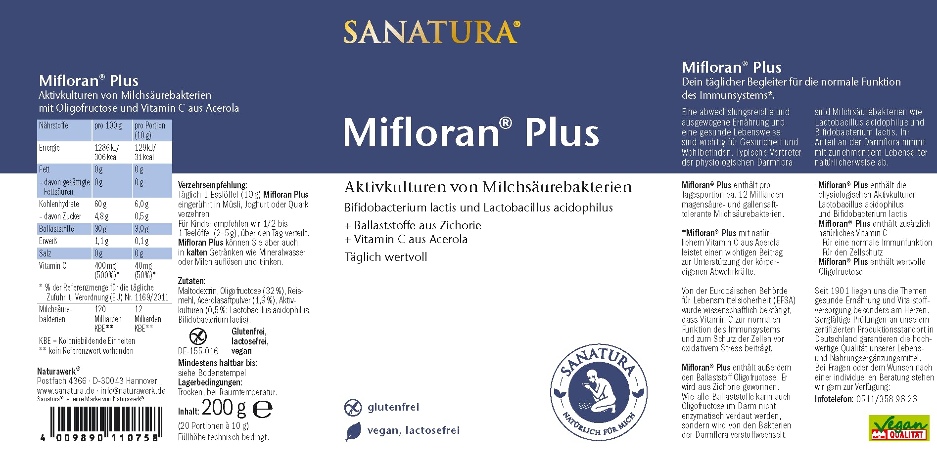 3er Pack Sanatura Mifloran Plus – 3x 200 g – Milchsäurebakterien mit 12 Mrd KBE pro Tagesdosis – kombiniert mit Vitamin C aus Acerola und Oligofructose – vegan und laktosefrei