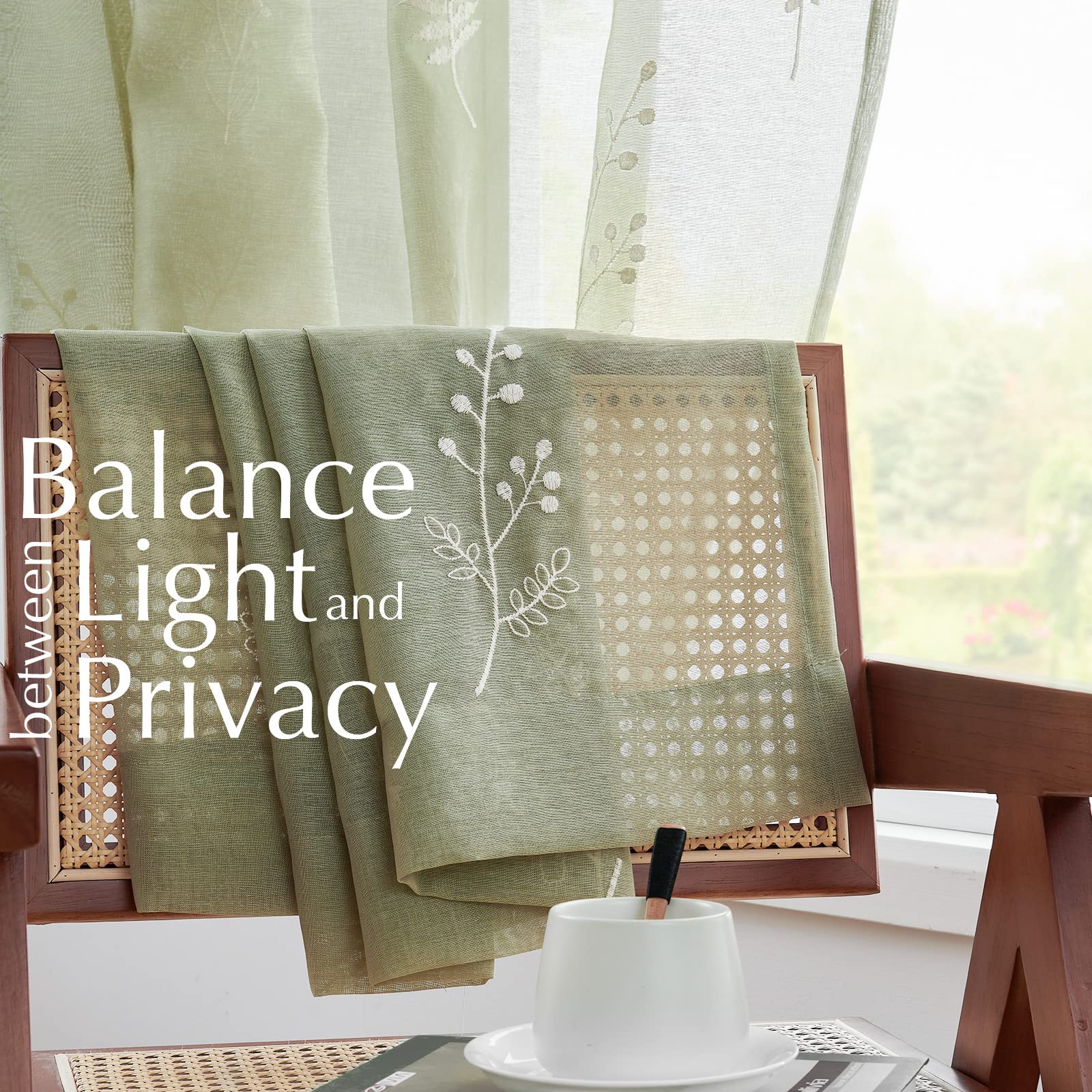 Lazzzy Sage Green Sheer Curtains Leaf Embroidered Pattern Sheer Drapes ...