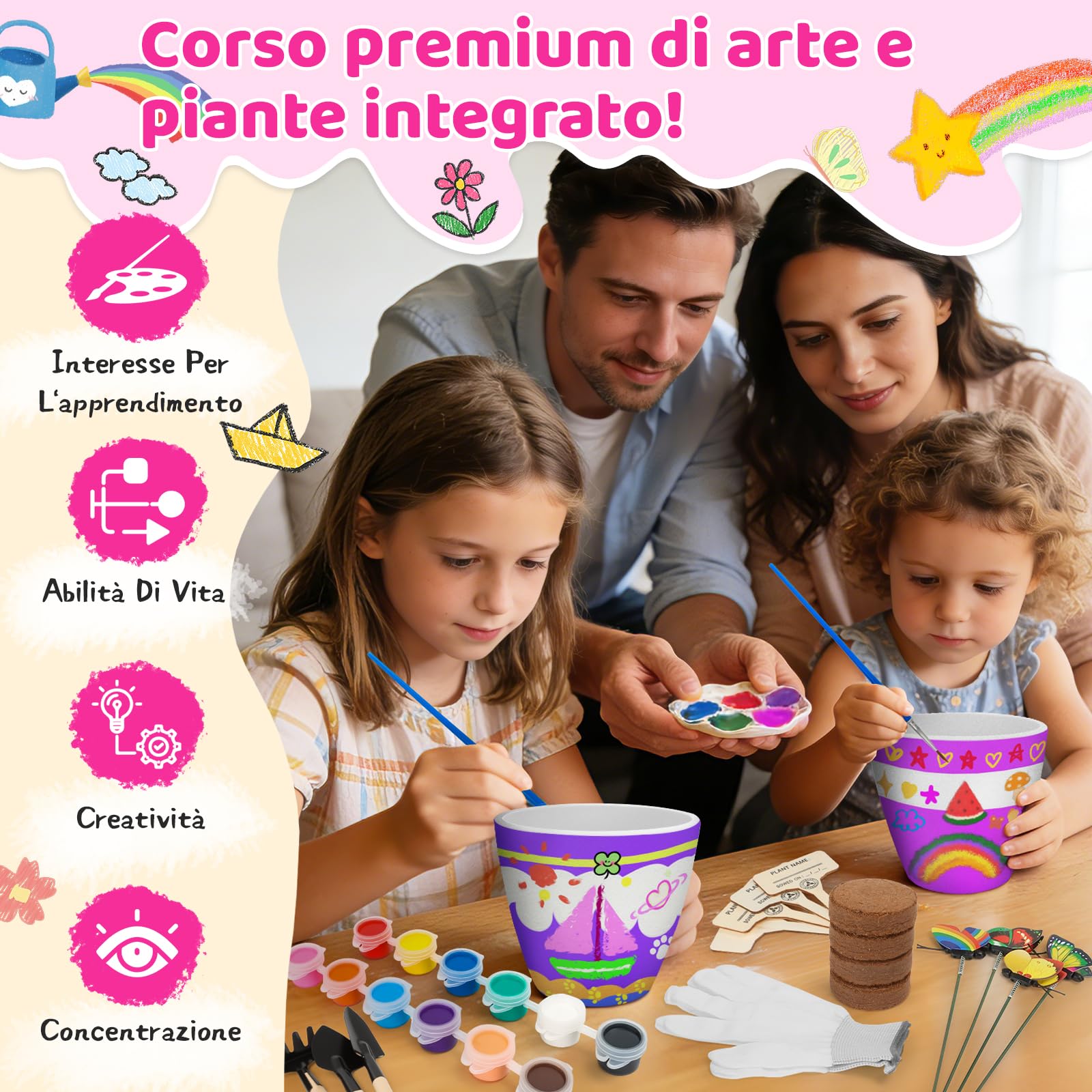 IEEILULU Set Giardinaggio Bambini, Kit Pittura Vasi 35 Pezzi, Colorare Bambini Fai da Te, Set di Artigianato Regalo di Compleanno per Ragazze e Ragazzi 4-14 Anni