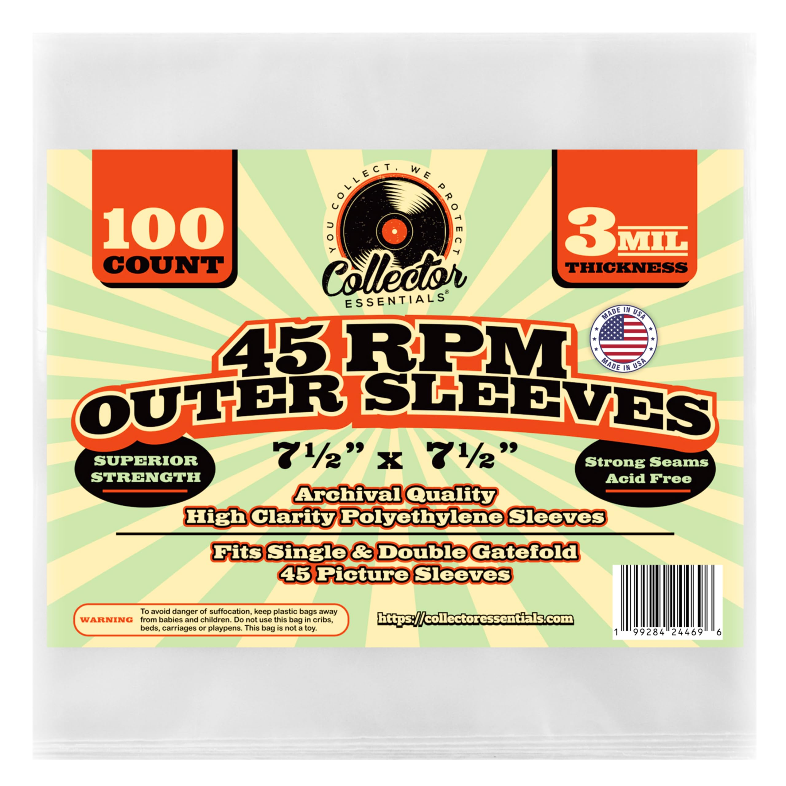 100 Clear Plastic 45 RPM 7" inch Outer Sleeves for Vinyl Records Covers - 3 Mil Thick - 7 1/2 X 7 5/8" - Preserve & Protect Single & Double Gatefold Picture Sleeves Cover Artwork.
