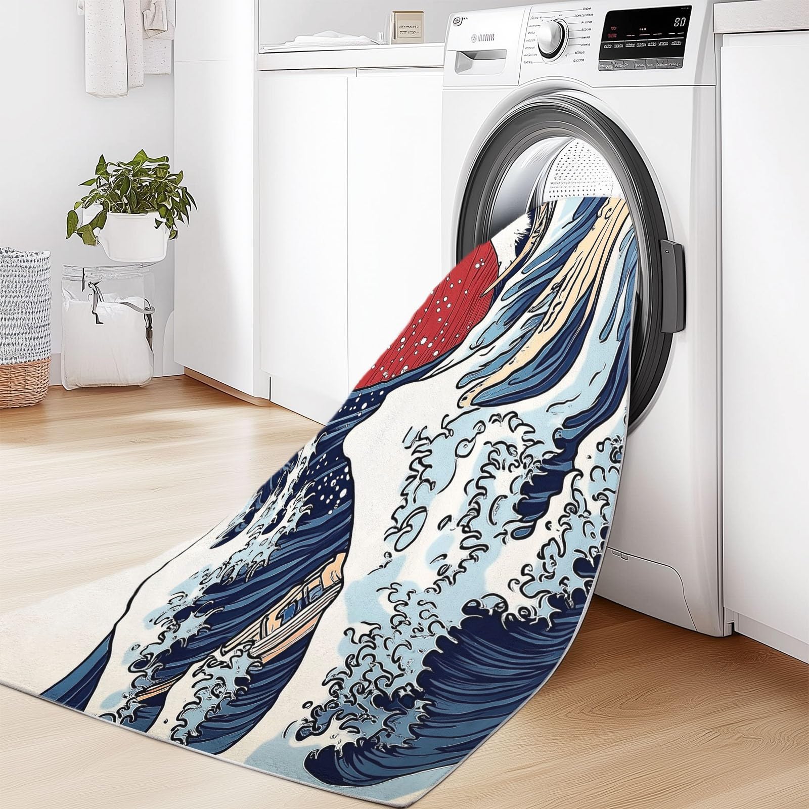 Stile Giapponese Cartone Animato Tappeto Lavabile Antiscivolo Morbido a Pelo Corto in Blu Rosso con Onde Stampate - Decorazione 80 x 150 cm per Soggiorno, Camera da Letto e Sala da Pranzo