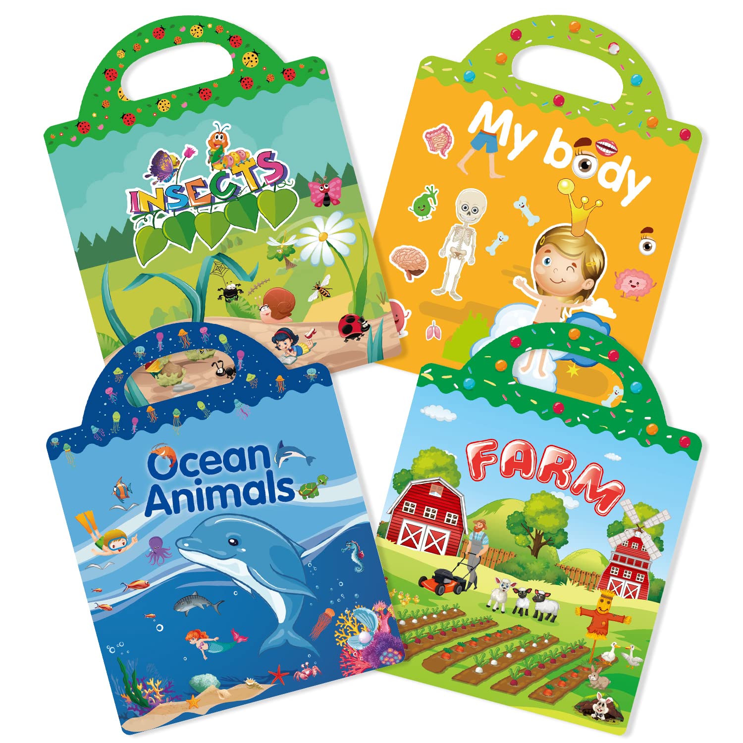 GUYUCOM 4 Pezzi Stickers Book: Libro Adesivi Attacca e Stacca Bambini 2 3 4 5 6 Anni Animali Marini, Parte del Corpo, Insetto, Giocattolo per Bambini, Regalo Educativo Compleanno Riutilizzabile
