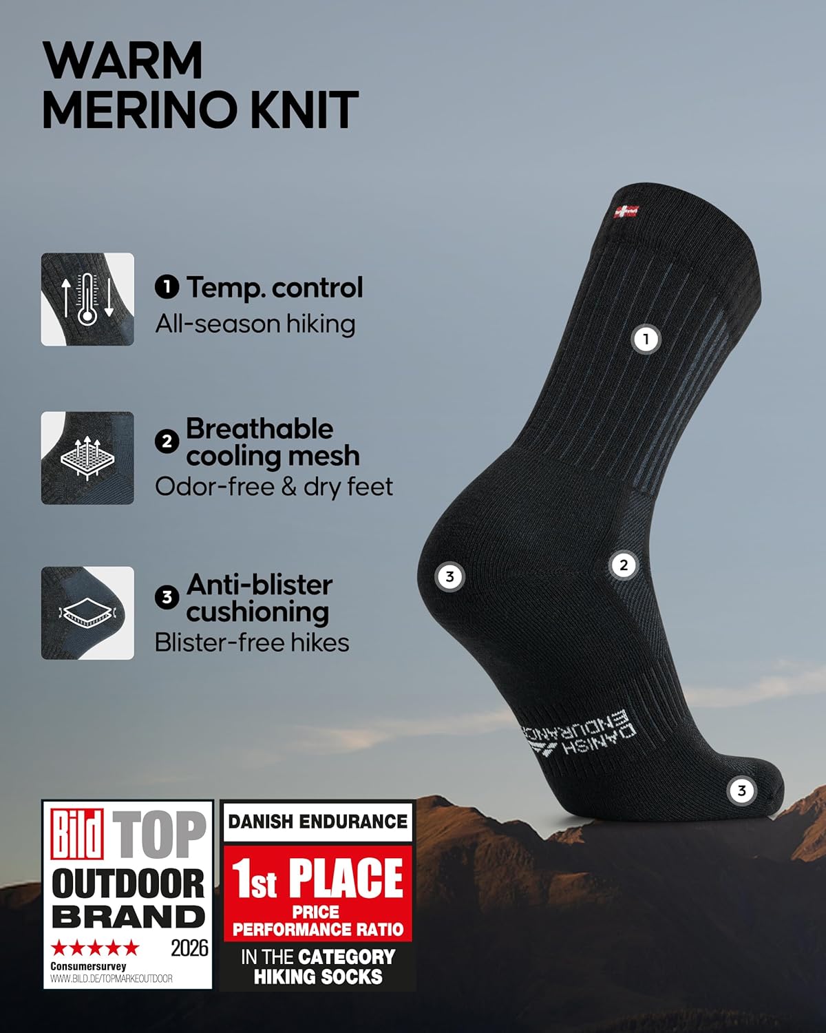 DANISH ENDURANCE Premium Hiking Socks, Merino Wool, Thermal Socks, Men & Women 2 Pack - Image 2
