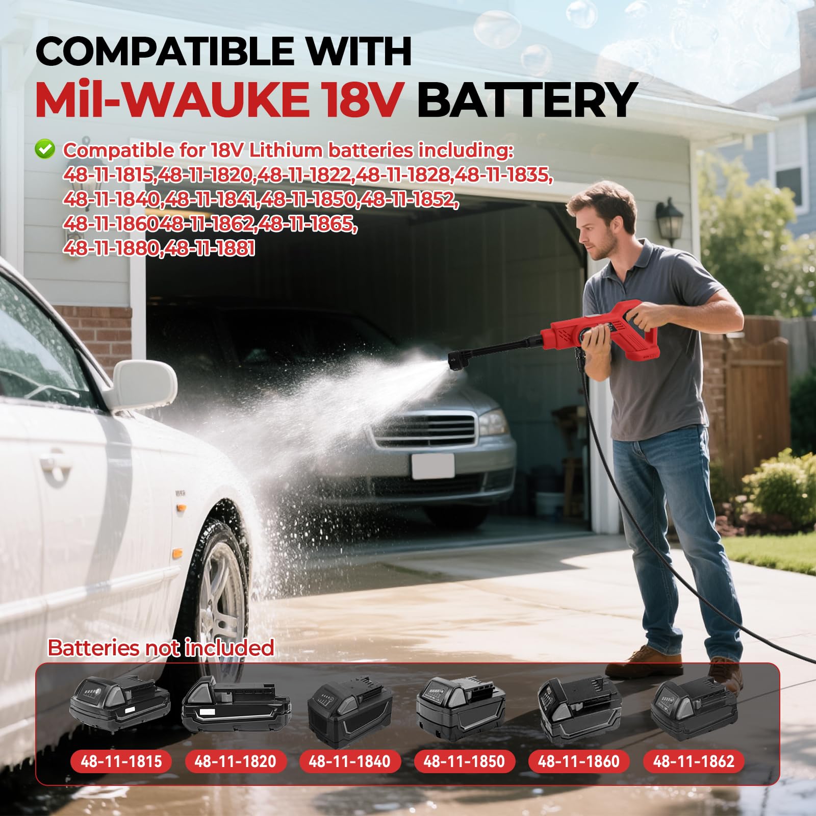Lavadora a presión inalámbrica compatible con Milwaukee 18 V, 380 W, lavadora eléctrica de mano sin escobillas con boquilla 6 en 1, pistola de lavado a presión de 4 engranajes para limpieza de paredes