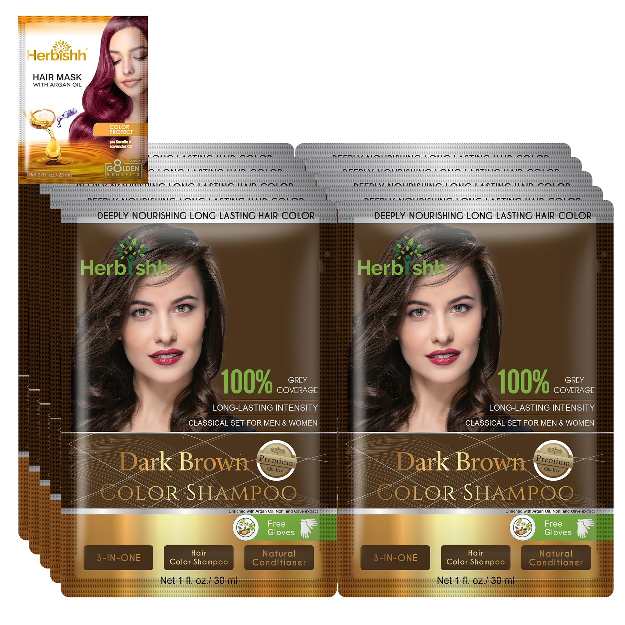 Herbishh Hair Color Shampoo For Gray Hair– Hair Dye Shampoo With Argan Hair Mask–Travel Size-Colors Hair In Minutes–Long Lasting Colour–10Pack+1Pack–Ammonia-Free (Dark Brown)