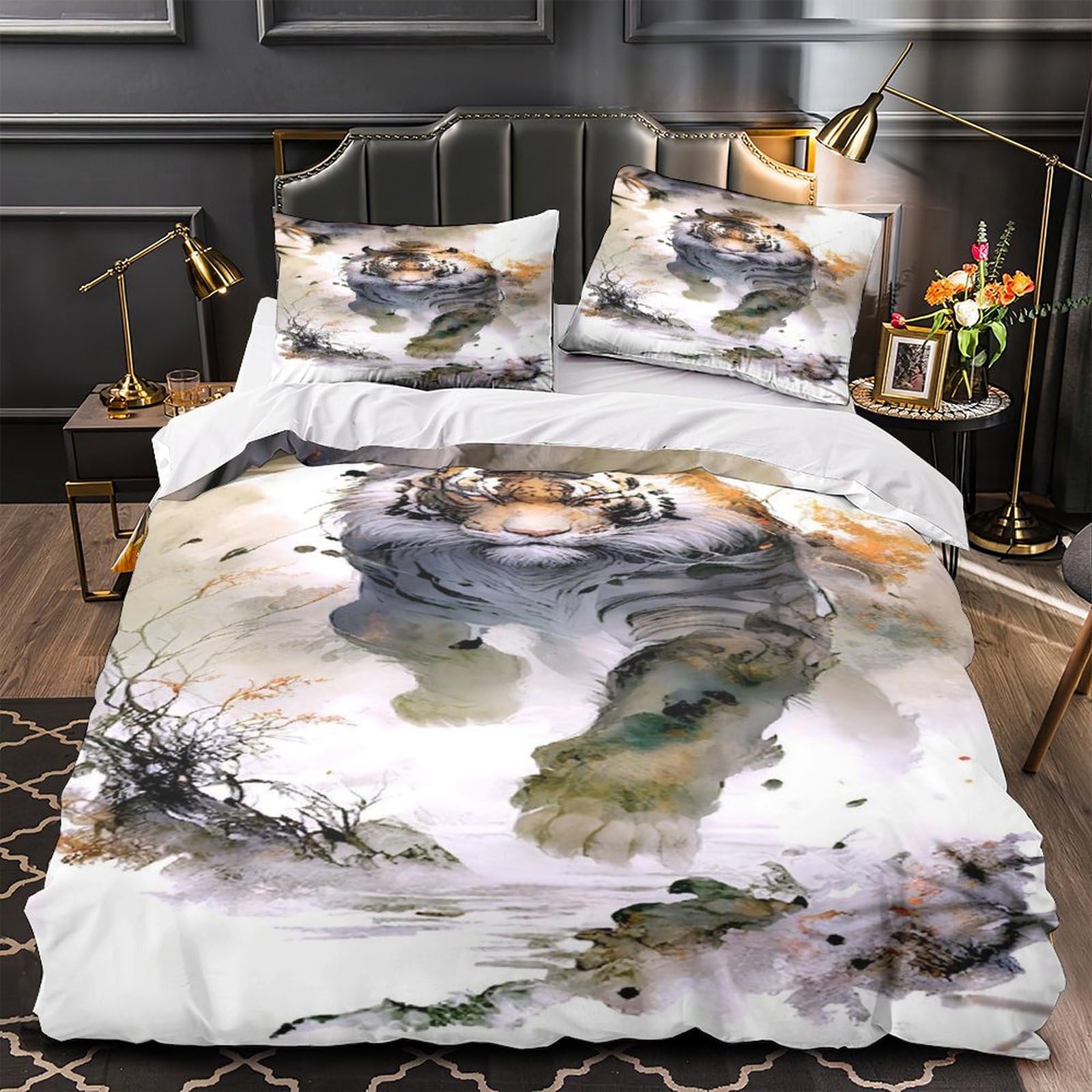Housse de couette tigre 3D king size encre noire parure de lit premium 220x240 cm