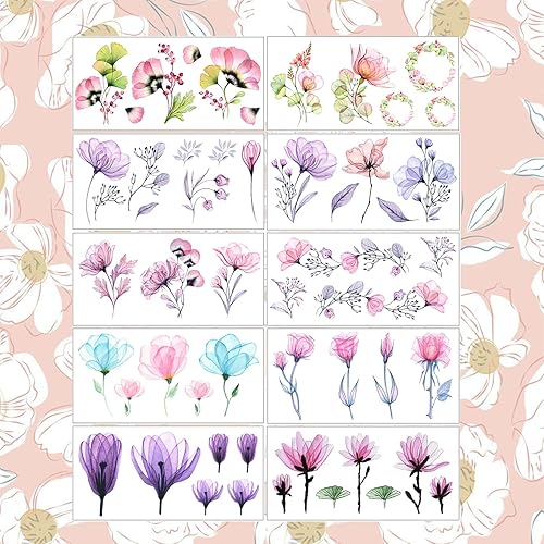 Miniatura 7 de Casciybo Tatuajes temporales de flores para mujeres y niñas 10 hojas de calcomanías de tatuaje de lirio de rosas de acuarela falsa arte impermeable