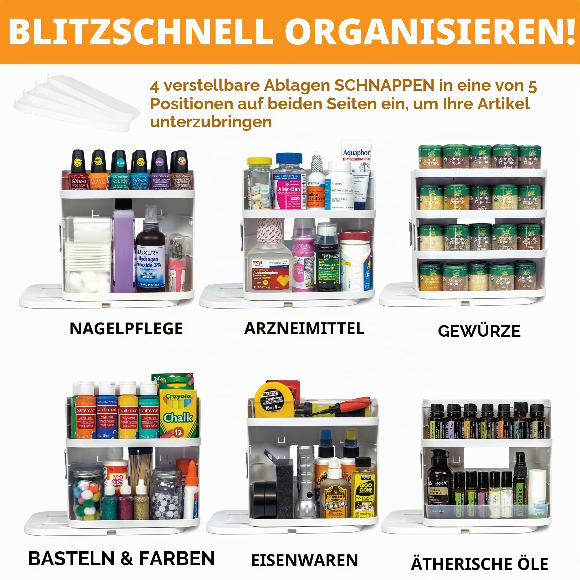 Cabinet Caddy SNAP! Gewürzregal für Schrank: Gewürzhalter zum Ausziehen und Drehen mit 3 verstellbaren Einlegeböden für 5 Ablageebenen, magnetisches, modulares Design, ca. 23 x 15,5 x 27 cm (H x B x T
