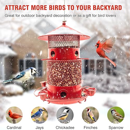 Miniatura 7 de Comedero para pájaros a prueba de ardillas, comedero de metal para colgar al aire libre, capacidad de 4 libras, 8 puertos de alimentación, comedero