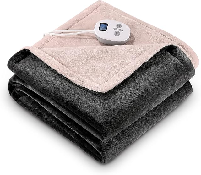 CURECURE Luxurious Electric Throw Heated Throw Blanket with 1-12 Timer Settings and 10 Heating Levels, 150*200cm Super Soft Flannel Electric Over Blanket for Home Office Use, Washable