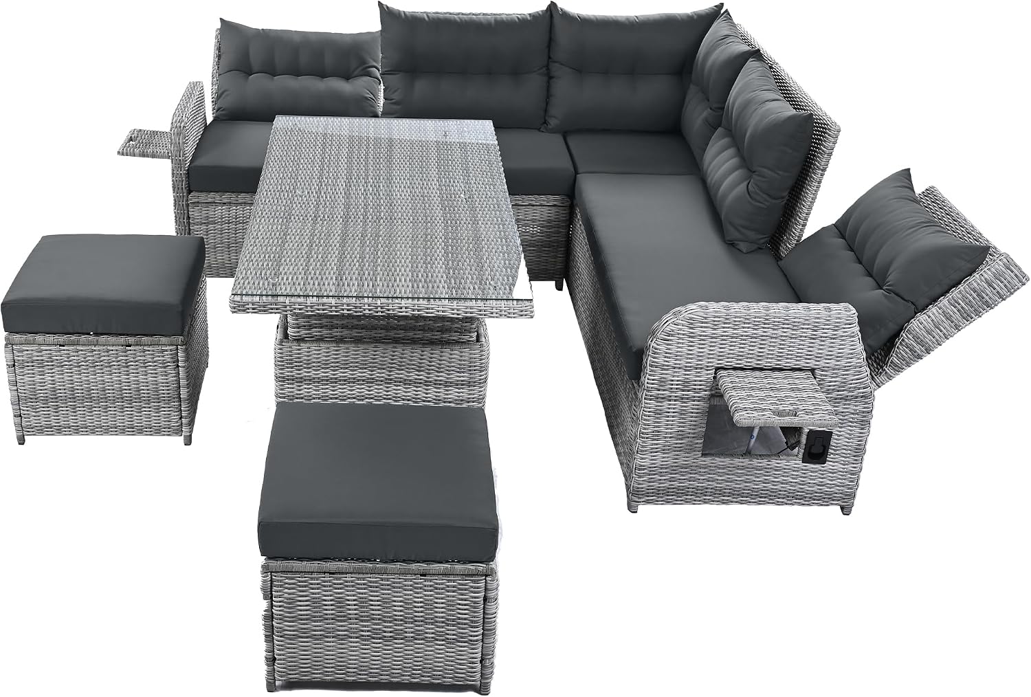 Z Leisure Zone Patio Dining Table Set, Outdoor Rattan Sofa Set with an Adjustable Table, Recliners with Extendable Side Tables and Two Ottomans, Grey